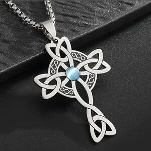 Stainless Steel Celtic Knot Cross Pendant Necklace Synthetic Blue Zircon…